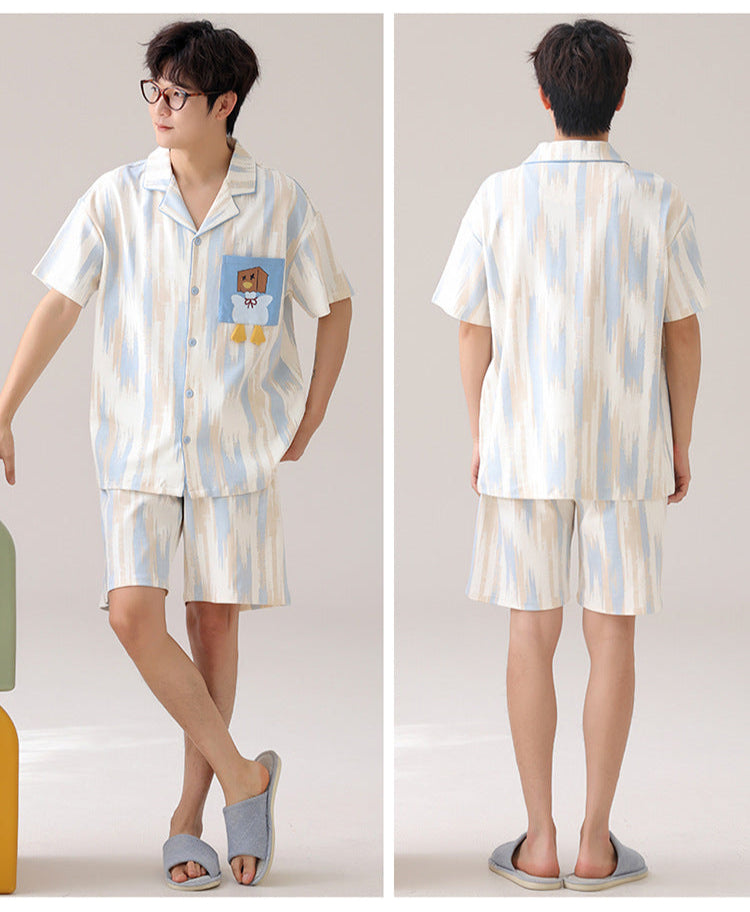 Cute Cartoon Couple Pajamas - Cotton Short Sleeve Cardigan
