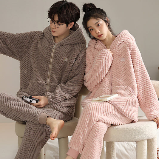 4-Piece Flannel Zipper Hoodie Couples Pajamas Set