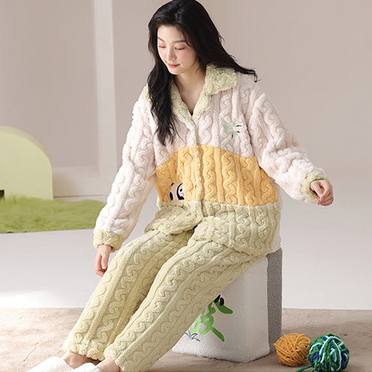 Women Pajamas Set – Cute Panda Color Block Coral Fleece Pajamas