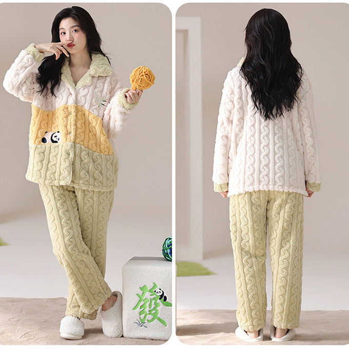 Women Pajamas Set – Cute Panda Color Block Coral Fleece Pajamas