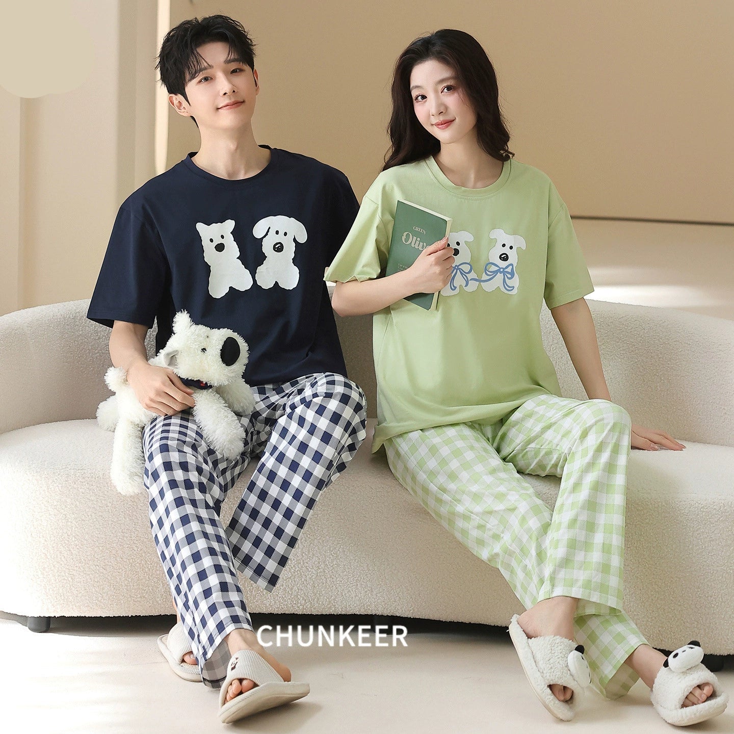 Cute Dog Graphic & Checkered Couple Lounge Set