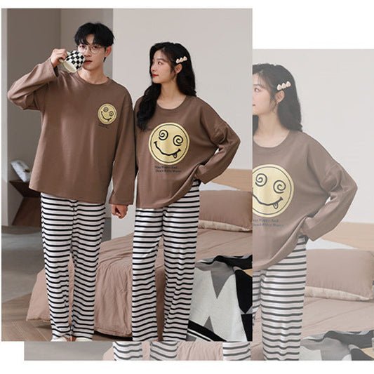 Playful Smiley Graphic Striped Couple Pajamas