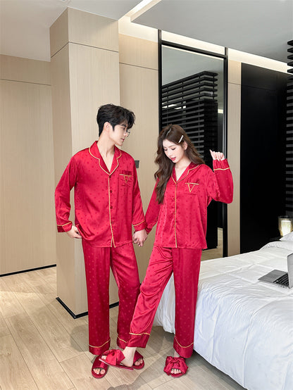 Matching Couple Pajamas – Embossed Heart Pattern Faux Silk Set for Couples