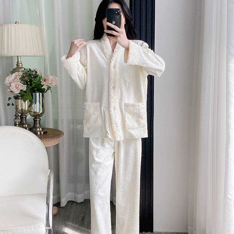 Women Pajamas Set – Luxury Embossed Rose Fleece Lounge Set