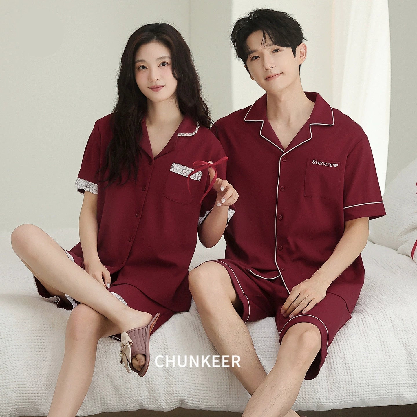 Elegant Lace Trim Cotton Couple Pajamas