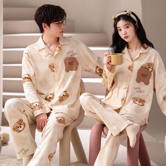 Bear Print Long Sleeves Pajamas Set for Couples 100% Cotton