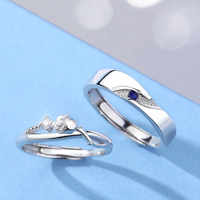 Solid Sterling Silver Zirconia Rings Set for Two - Adjustable Size