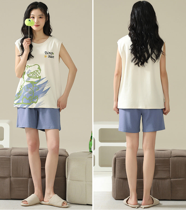 Playful Dinosaur Couple Pajamas – Cotton Sleeveless Top & Shorts Set by Gullei
