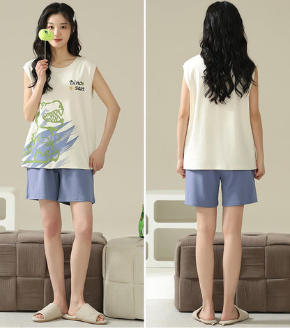 Playful Dinosaur Couple Pajamas – Cotton Sleeveless Top & Shorts Set by Gullei