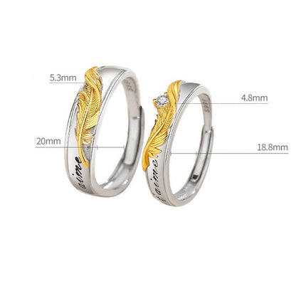 Matching Feather Couple Rings Set - Adjustable Size