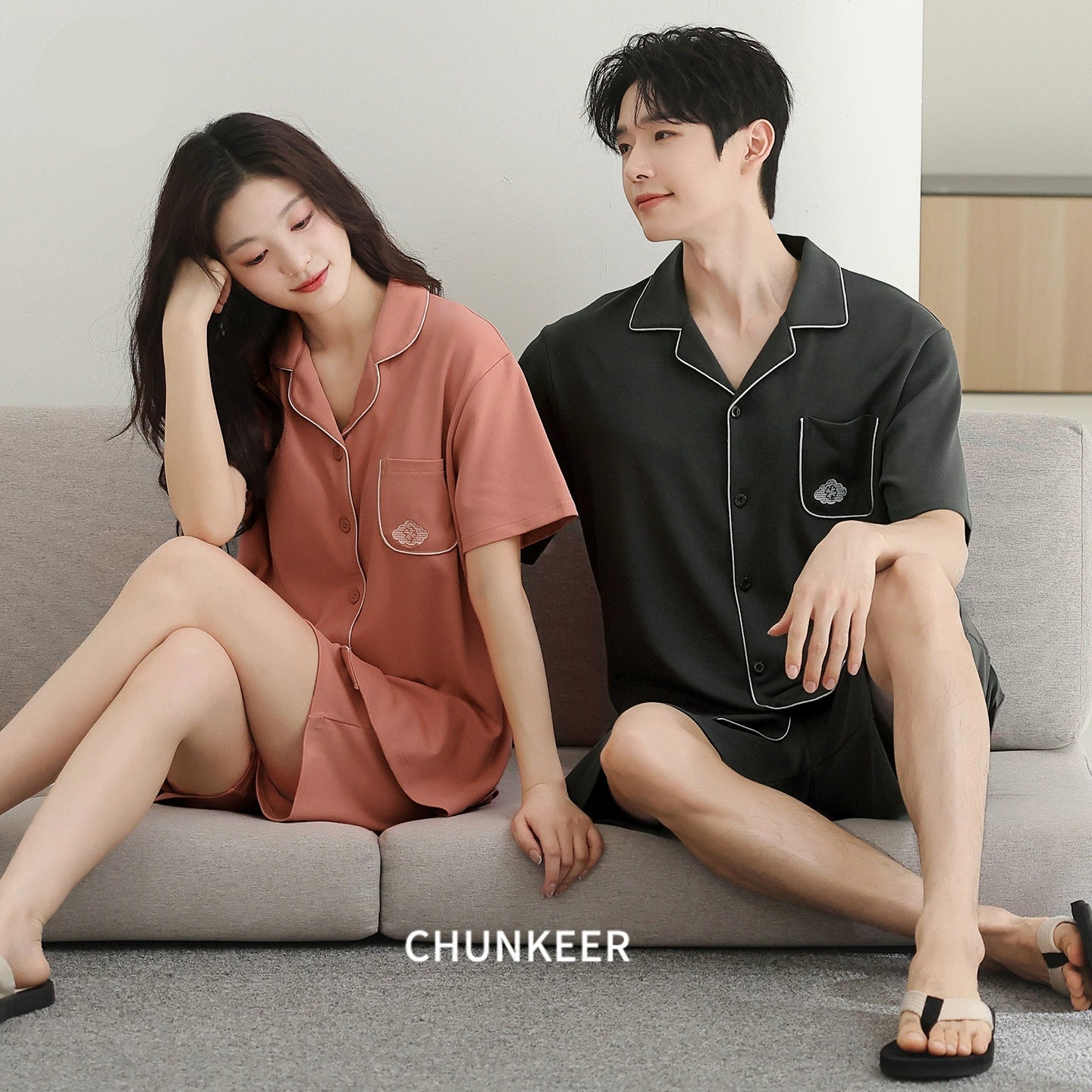 Contrast Piping Cotton Short Couple Pajamas