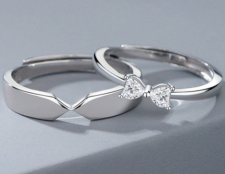 Solid Sterling Silver Bow Rings Set for Two - Adjustable Size