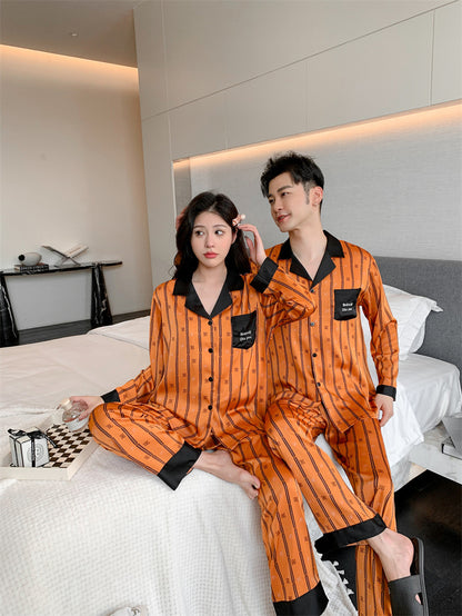 Urban Luxury Faux Silk Couple Pajamas – Orange Edition