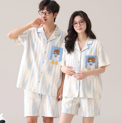 Cute Cartoon Couple Pajamas - Cotton Short Sleeve Cardigan