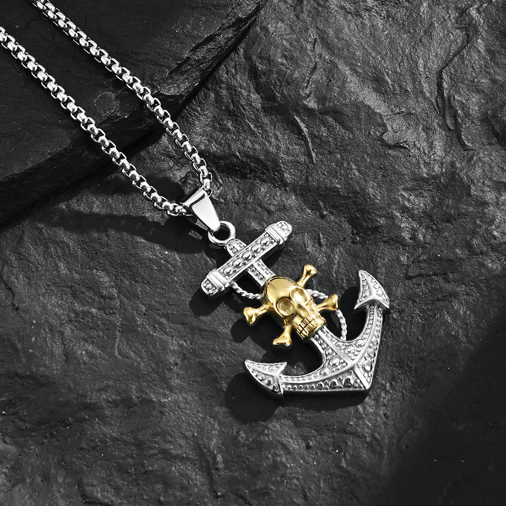 Skull Anchor Mens Pendant Necklace