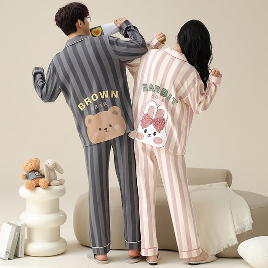 4-Piece Bear Rabbit Print Couples Pajamas Set 100% Cotton