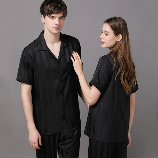 Elegant Tonal Stripe Satin Couple Pajamas