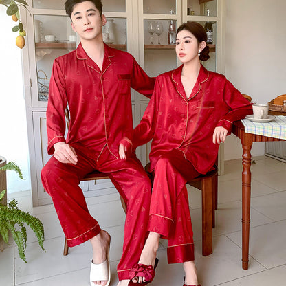 Romantic Faux Silk Couple Pajamas – Heart Print Luxury Sleepwear Set by Gullei