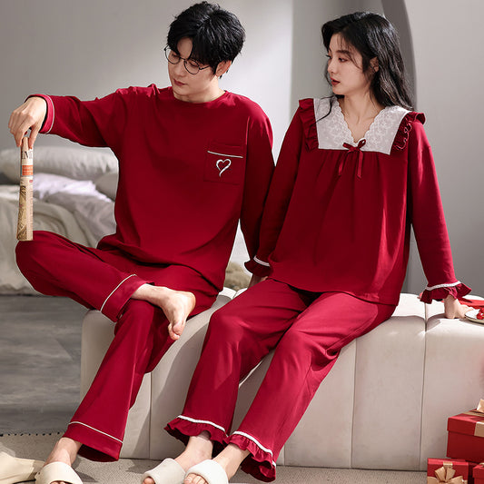 Long Sleeve Red Pajamas Set for Couples 100% Cotton