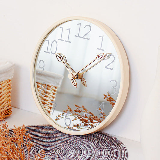 Nordic Mirror Silent Wall Clock – Solid Wood, 12"