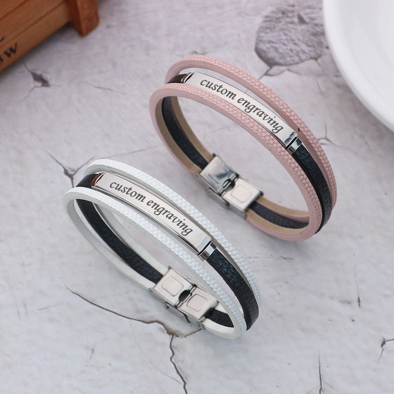 Matching Leather Couple Bracelets with Names Engraved