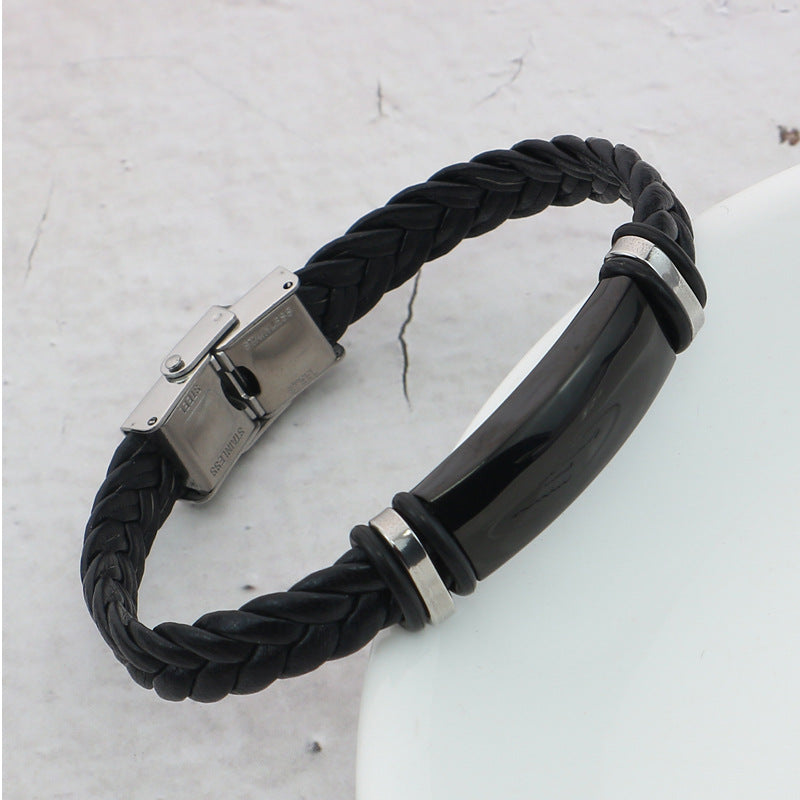 Engraved Matching Couple Bracelets Stainless Steel Leather