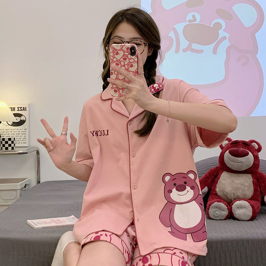 Cute Bear Two-Piece PJs Set for Women - 100% Cotton