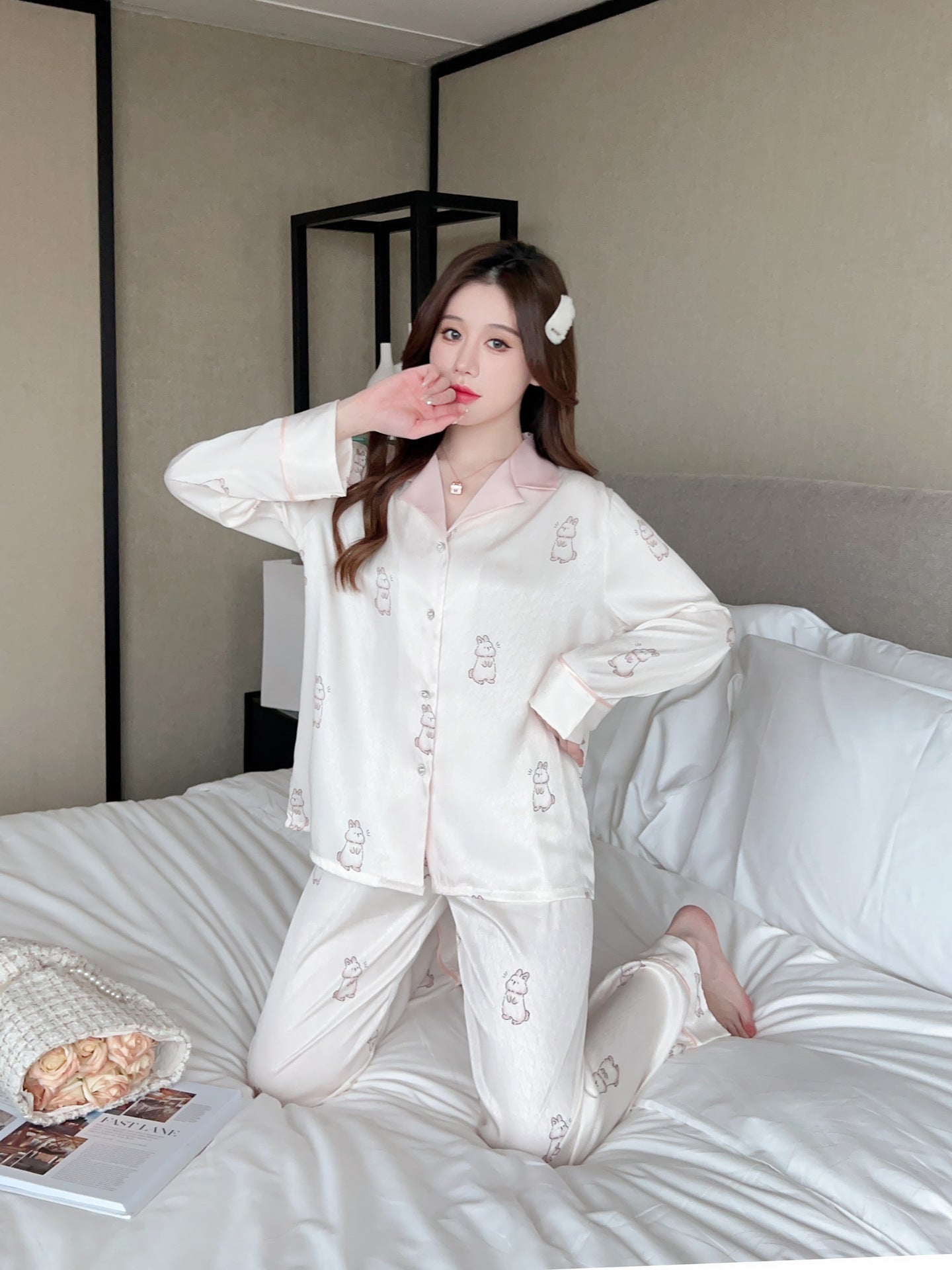 Women Pajamas Set – Bunny Print Satin Cooling Sleepwear