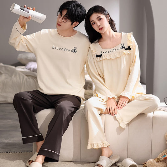 4-Piece Long Sleeve Couples Pajamas Set 100% Cotton