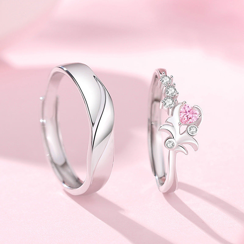 Engraved Pink Zirconia Rings Set for Couples