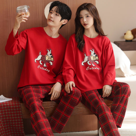 Matching Couple Pajamas Set – Red Plaid Dog Print, Soft Cotton Winter Wear