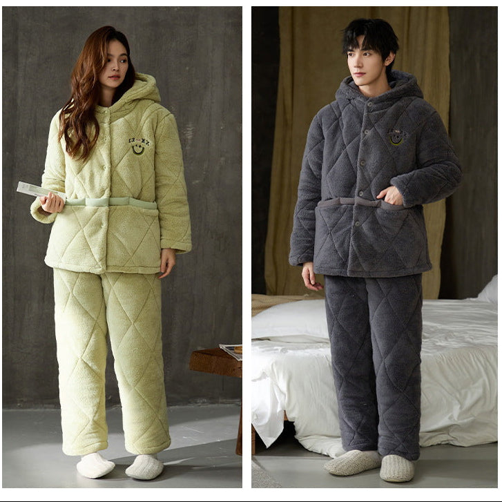 Quilted Couple Pajamas Set – Cozy Coral Fleece for Winter