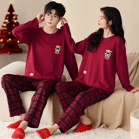 4-Piece Chinese Plaid Couples Pajamas Set 100% Cotton