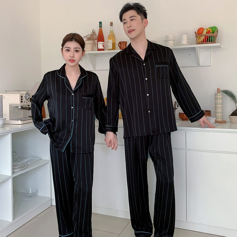 Urban Minimalist Faux Silk Couple Pajamas – Pinstripe Chic Sleepwear Set by Gullei