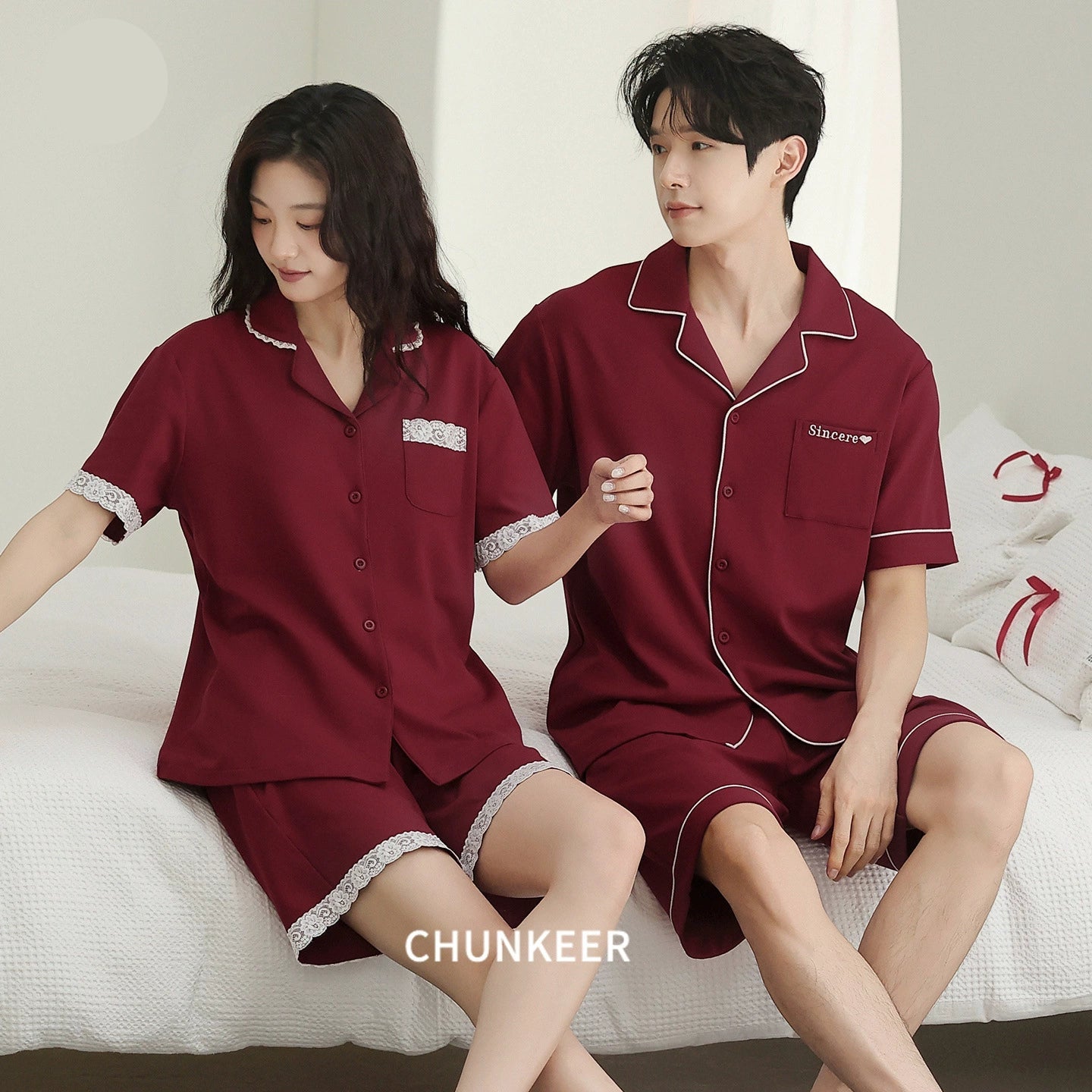 Elegant Lace Trim Cotton Couple Pajamas
