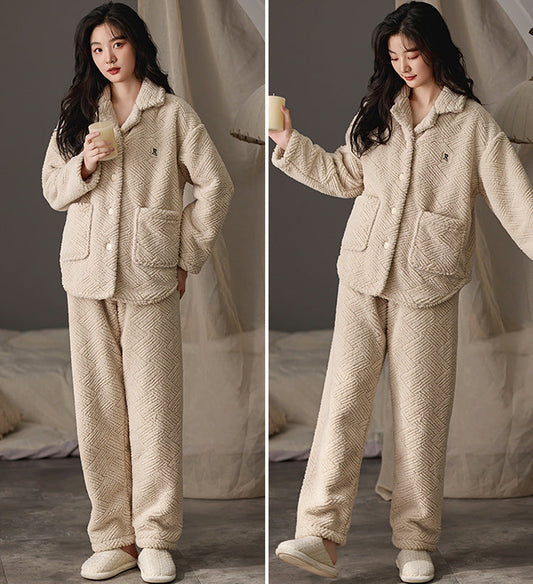 Women Pajamas Set – Minimalist Textured Coral Fleece Pajamas