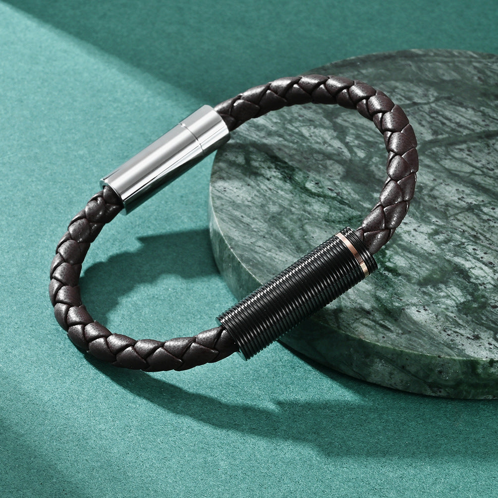Custom Engraved Mens Magnetic Bracelets Black Leather 8.5 Inches