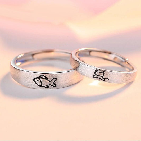 Matching Cat and Fish Wedding Bands Set