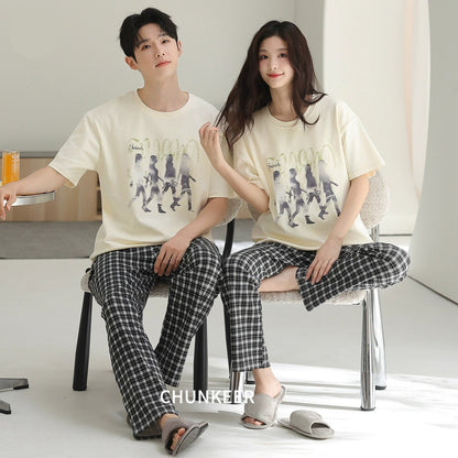 Casual Graphic & Plaid Cotton Couple Lounge Set