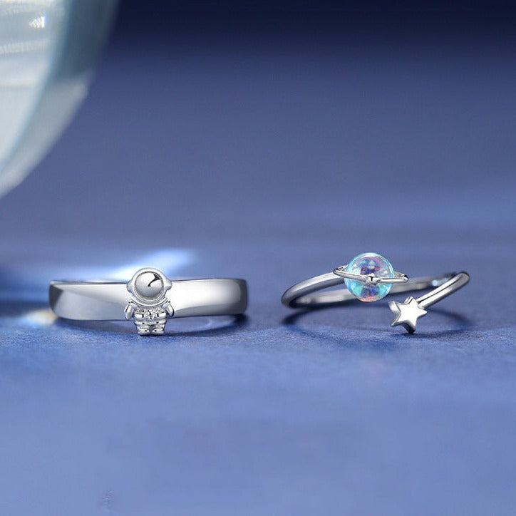 Moonstone Spaceman Rings Set for Two - 18K Gold Plated Sterling Silver