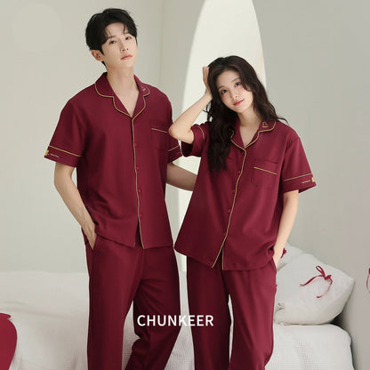 Burgundy Contrast Piping Cotton Couple Pajamas