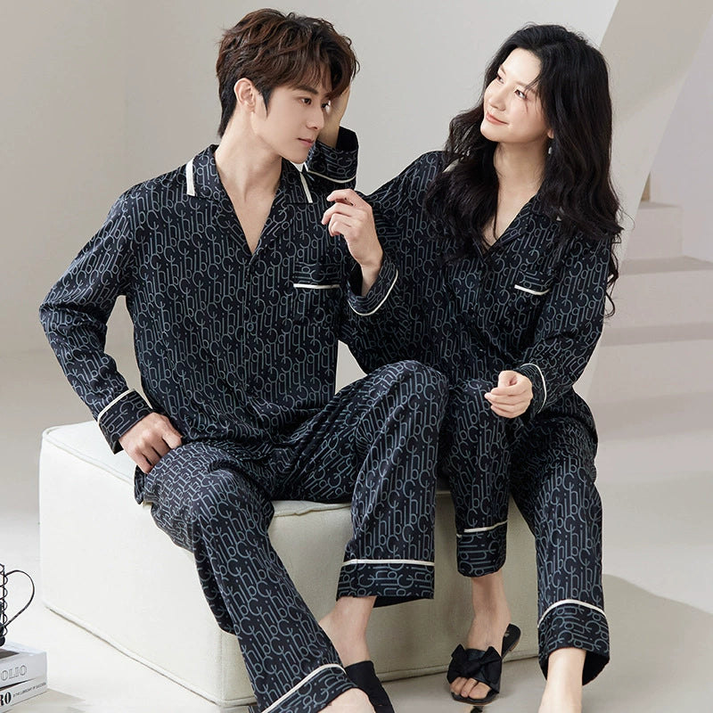 Luxury Monogram Faux Silk Couple Pajamas – Fashion-Forward Matching Sleepwear