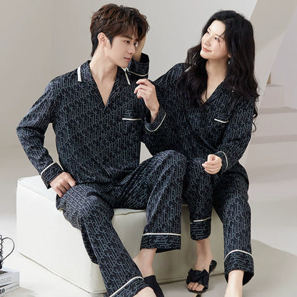 Luxury Monogram Faux Silk Couple Pajamas – Fashion-Forward Matching Sleepwear