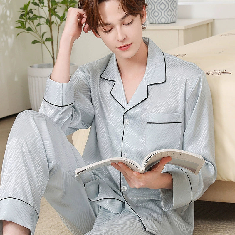 Modern Textured Satin Long-Sleeve Couple Pajamas