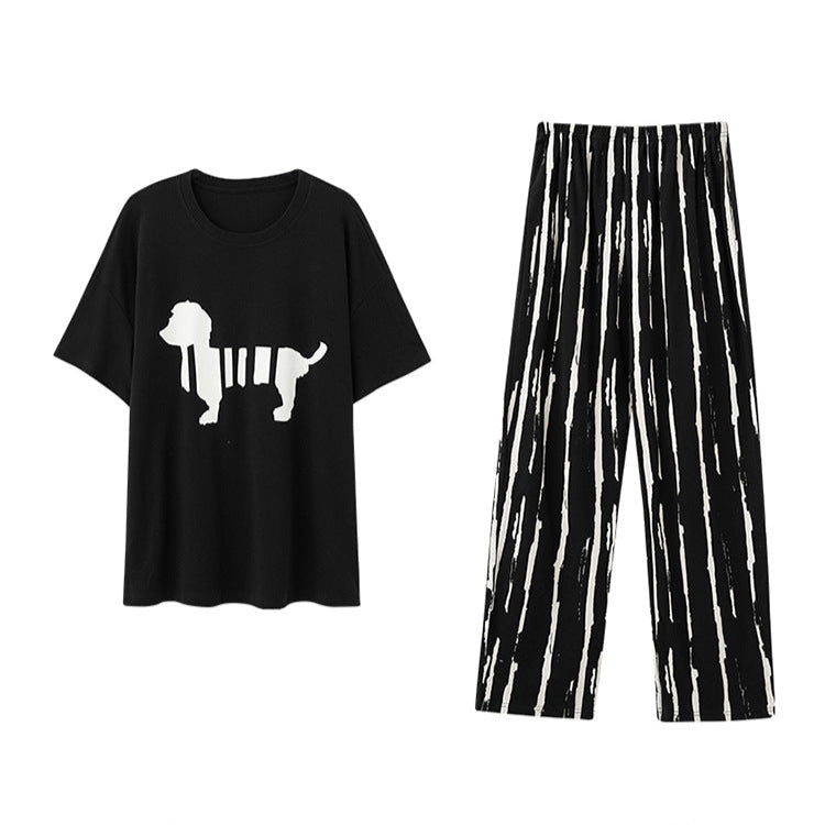 Cute Puppy Couple Pajamas - Cotton Short Sleeve Long Pants