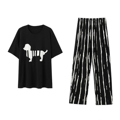 Cute Puppy Couple Pajamas - Cotton Short Sleeve Long Pants