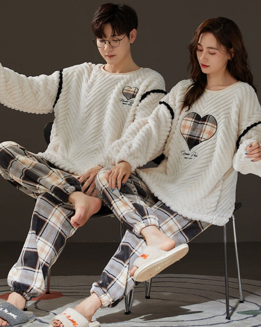 Flannel Winter Couples Pajamas Set with Hearts