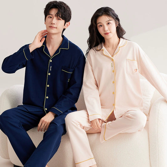 Classic Contrast Piping Couple's Pajama Set