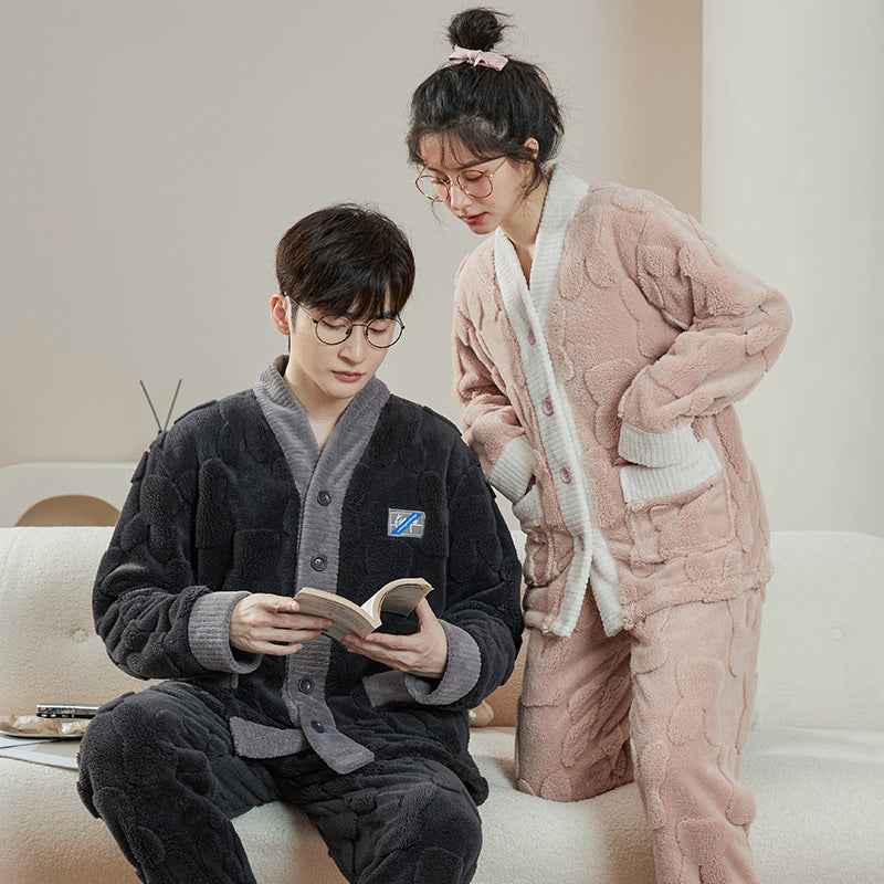 Matching Pajamas – Textured Flannel Cardigan Set, Cozy Pockets