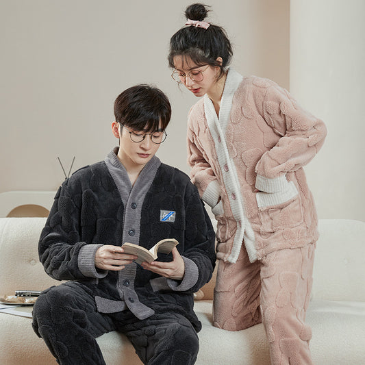 Matching Pajamas – Textured Flannel Cardigan Set, Cozy Pockets